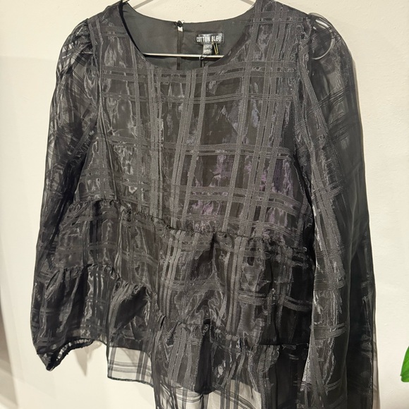 NWT COTTON BLEU SHEER FLOWY TIERED PLAID PRINT BLACK DRESS TOP CUFF SLEEVES SZ M - Picture 4 of 11